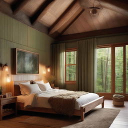 A cozy and rustic bedroom, complete with wooden furniture, warm lighting and soft textures, nestled amidst a verdant forest retreat.