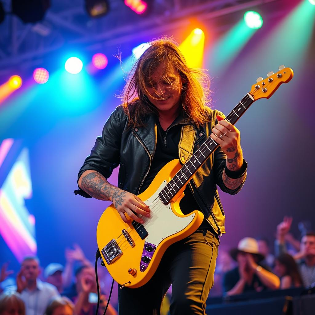A skilled bass guitarist with intricate sleeve tattoos is passionately playing a bright yellow Rickenbacker bass guitar