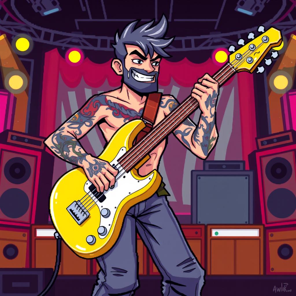 A bass guitarist with tattoo sleeves, playing a vibrant yellow Rickenbacker bass guitar in an 8-bit pixel art style