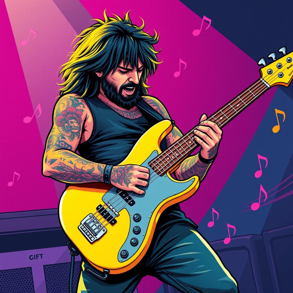 A bass guitarist with full sleeve tattoos, passionately playing a bright yellow Rickenbacker guitar