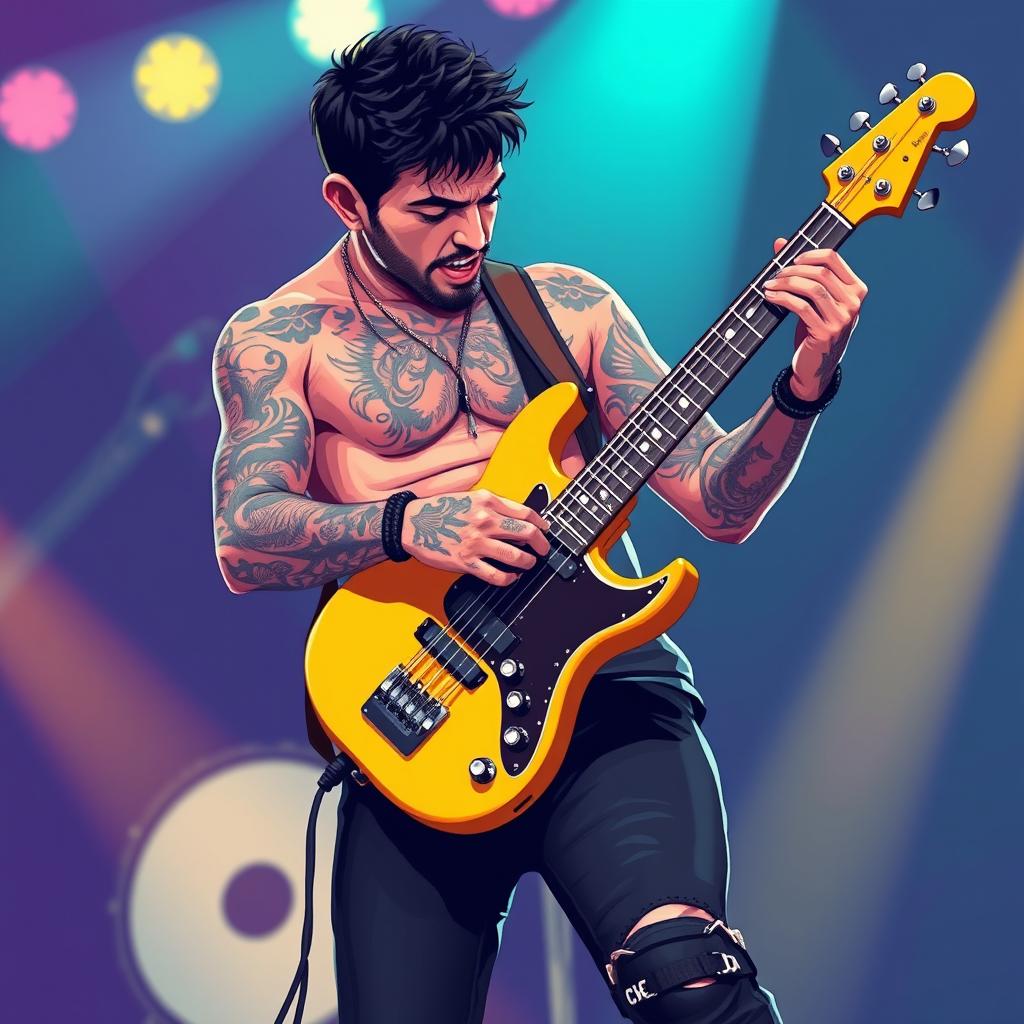A bass guitarist with tattooed sleeves passionately playing a bright yellow Rickenbacker guitar