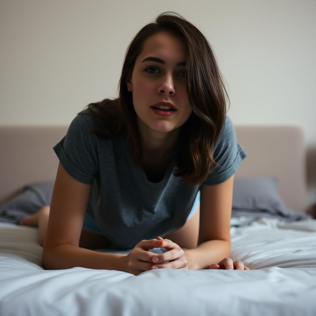 A 20-year-old woman on her hands and knees on a bed, wearing a gray t-shirt, with her mouth slightly open, in a simple bedroom setting