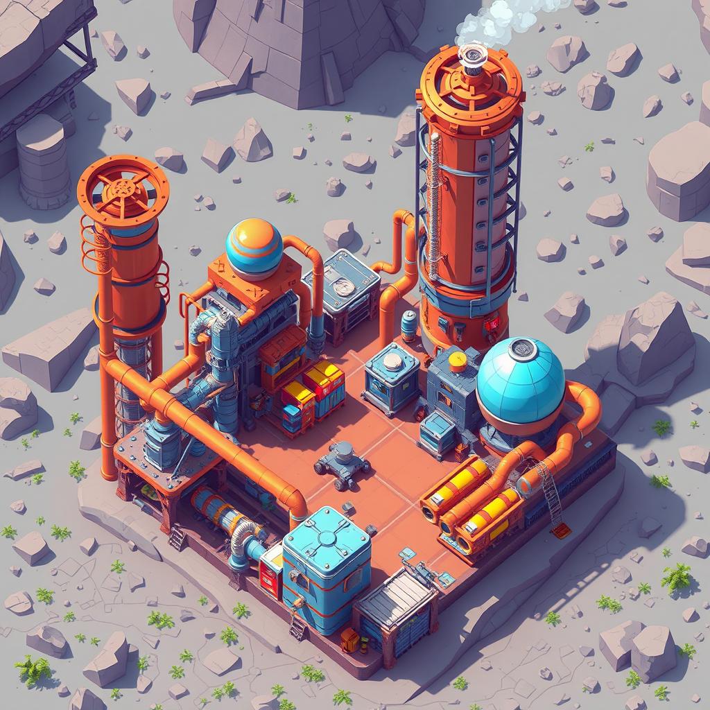 A vibrant and futuristic pixel art scene depicting a top-down view of a mining refinery