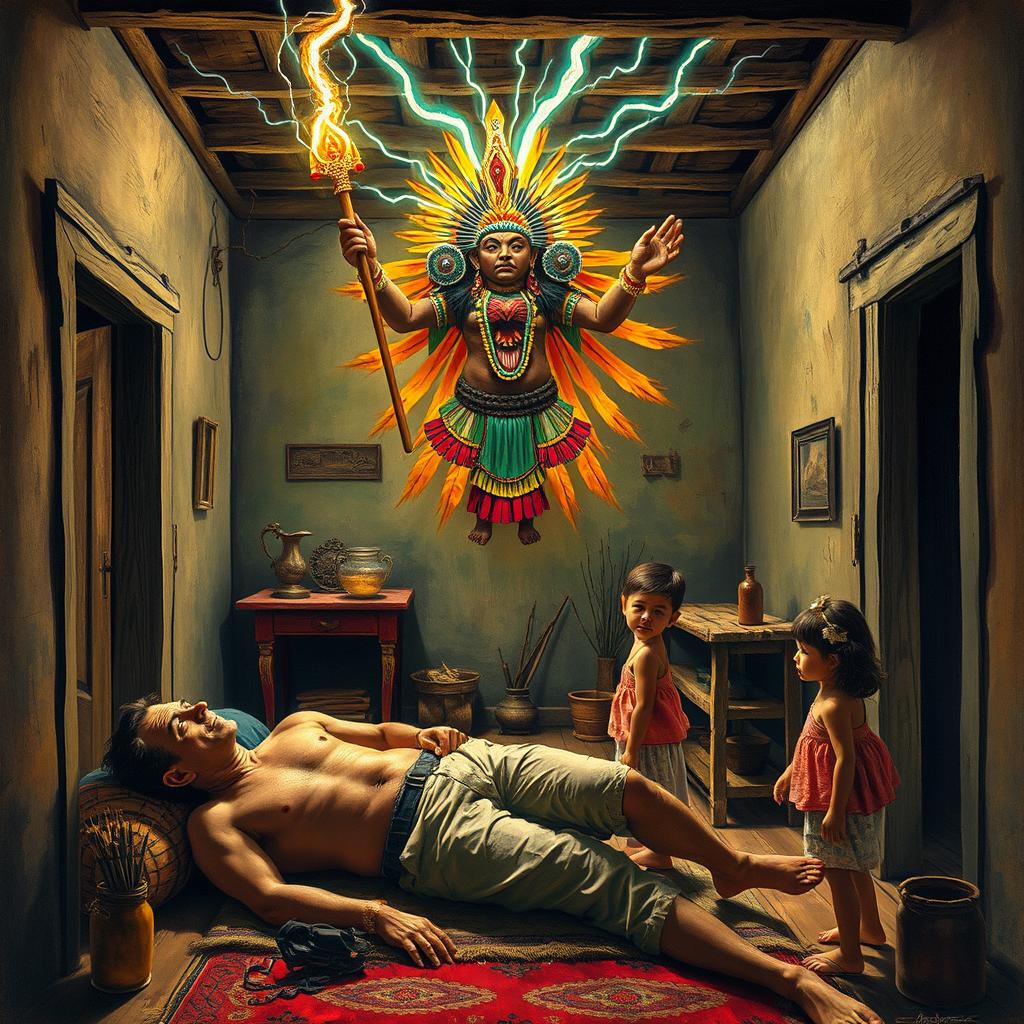Inside a poor house at the beginning of the 20th century, a vibrant Indigenous deity suspended in the air, holding a scepter that emits lightning bolts
