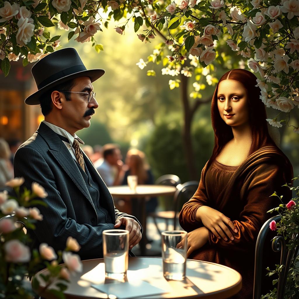 A surrealistic scene depicting the famous poet Fernando Pessoa on a romantic date with the Mona Lisa