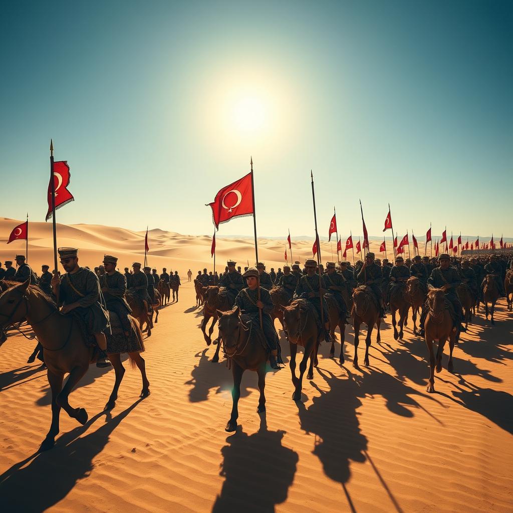 An ancient and numerous Ottoman army crossing a vast desert under a bright blue sky