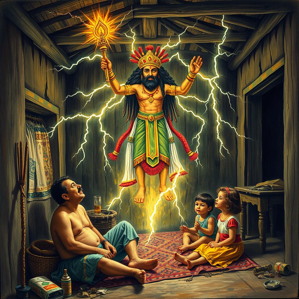 At the beginning of the 20th century, inside a poor house, an indigenous deity floating in the air, holding a scepter that releases bolts of lightning