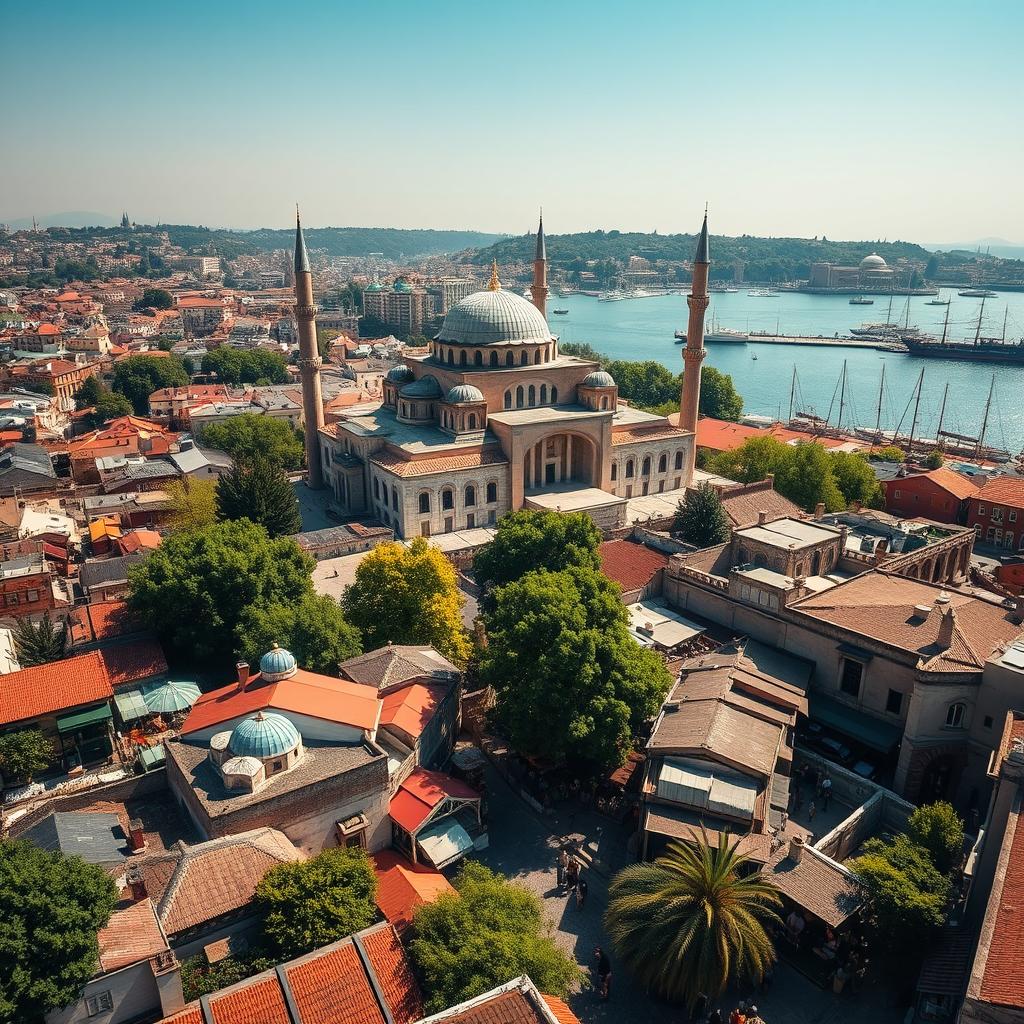 Aerial view of the ancient city of Constantinople, showcasing its iconic architecture and intricate urban layout