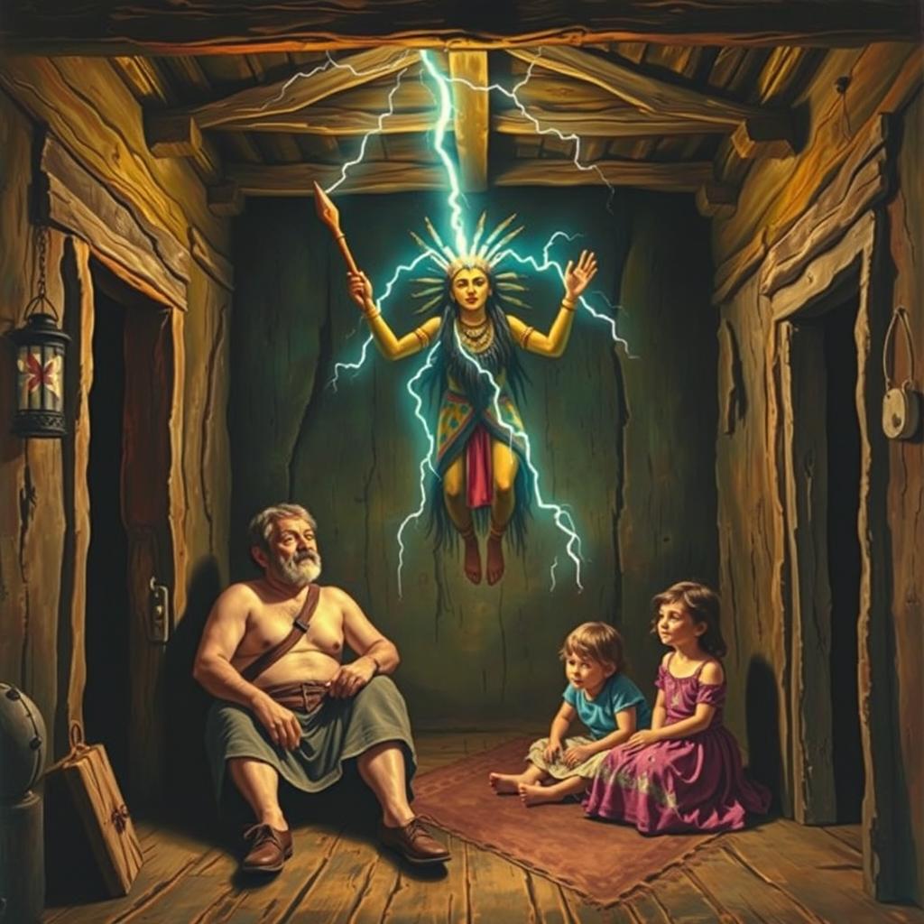 Inside a poor house at the beginning of the 20th century, an indigenous deity suspended in the air, holding a scepter that emits bolts of lightning