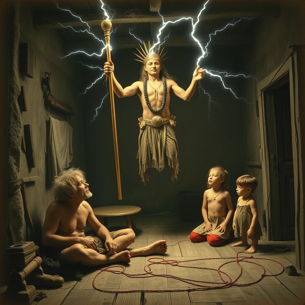 Inside a poor house at the beginning of the 20th century, an indigenous deity floats in the air holding a scepter that emits striking bolts of lightning