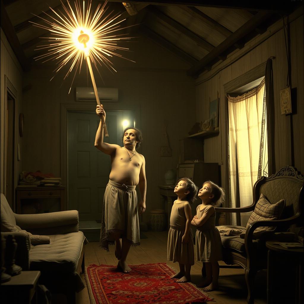 In the early 20th century, inside a humble and poor house, an indigenous deity is depicted hovering in the air, holding a staff that emits vibrant rays of light