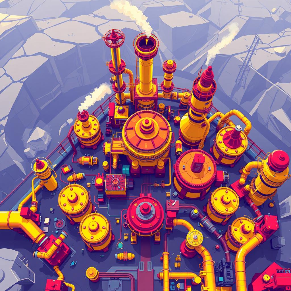 A futuristic mining refinery viewed from the top, depicted in vibrant pixel art style
