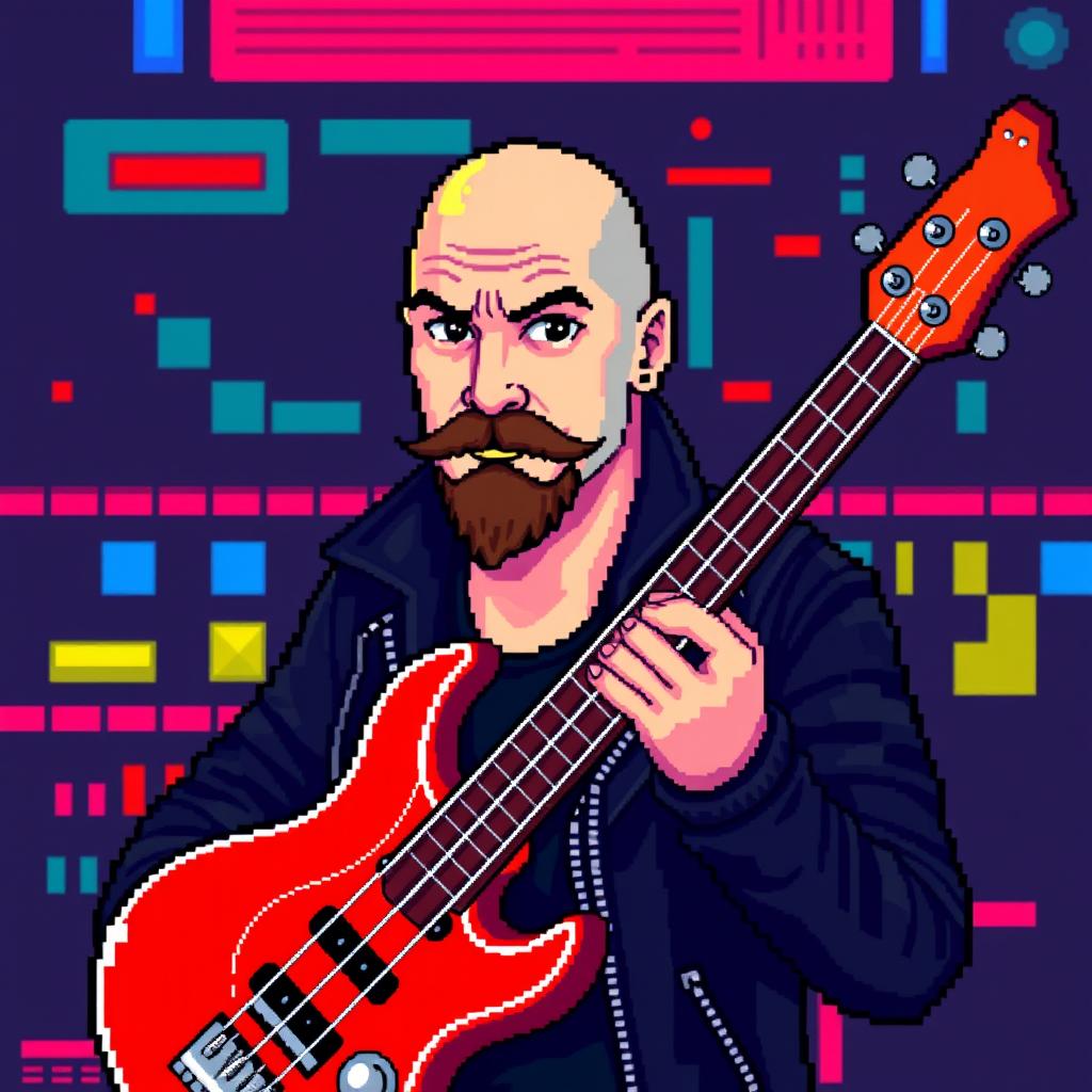 A bald rocker with a goatee, holding a bright red bass guitar, styled in a vibrant 8-bit pixel art aesthetic