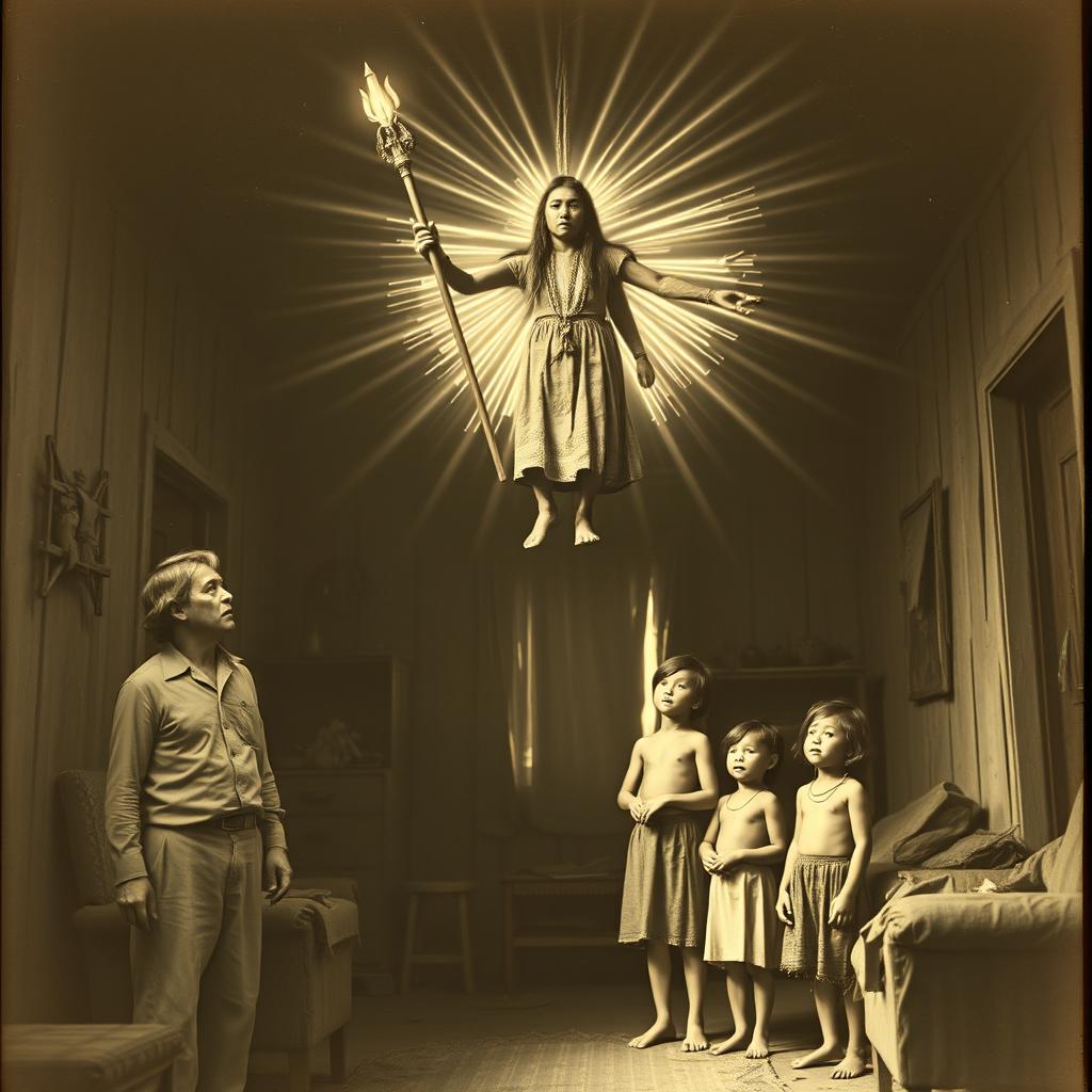 At the beginning of the 20th century, inside a humble home, a suspended Indigenous deity hovers in the air, holding a staff that emits rays of light