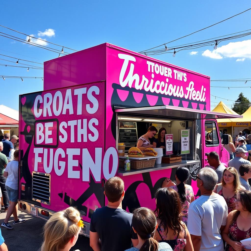 A vibrant and eye-catching food truck painted in shades of pink and black, with bold white lettering advertising delicious food