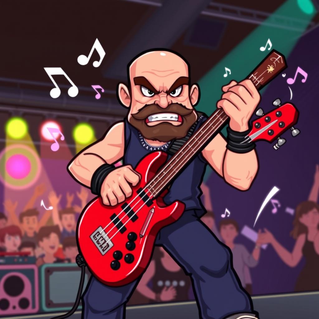 A bald rocker with a goatee, passionately playing a bright red bass guitar, in a vibrant 8-bit style