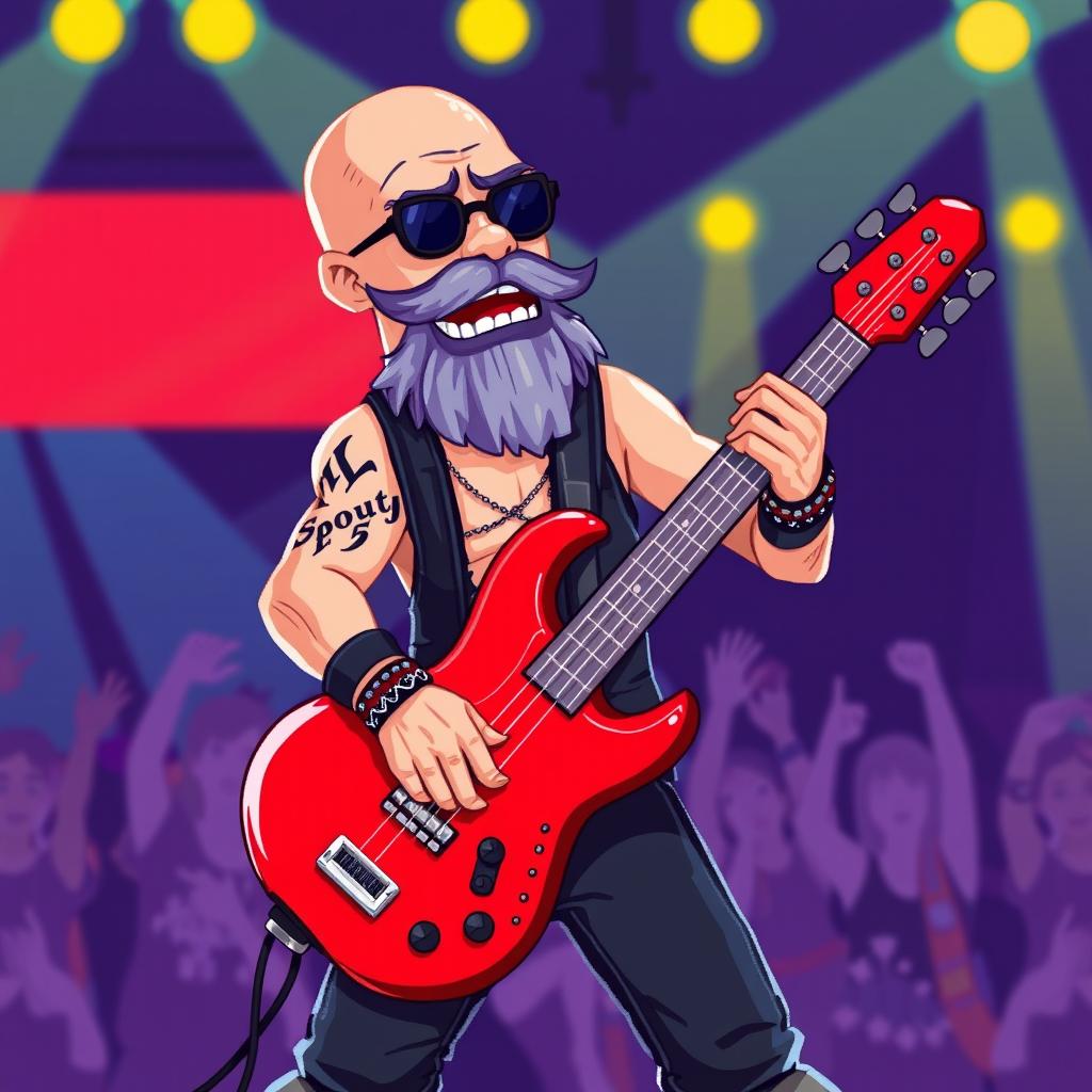 A bald rocker with a goatee, passionately playing a bright red bass guitar in an 8-bit pixel art style