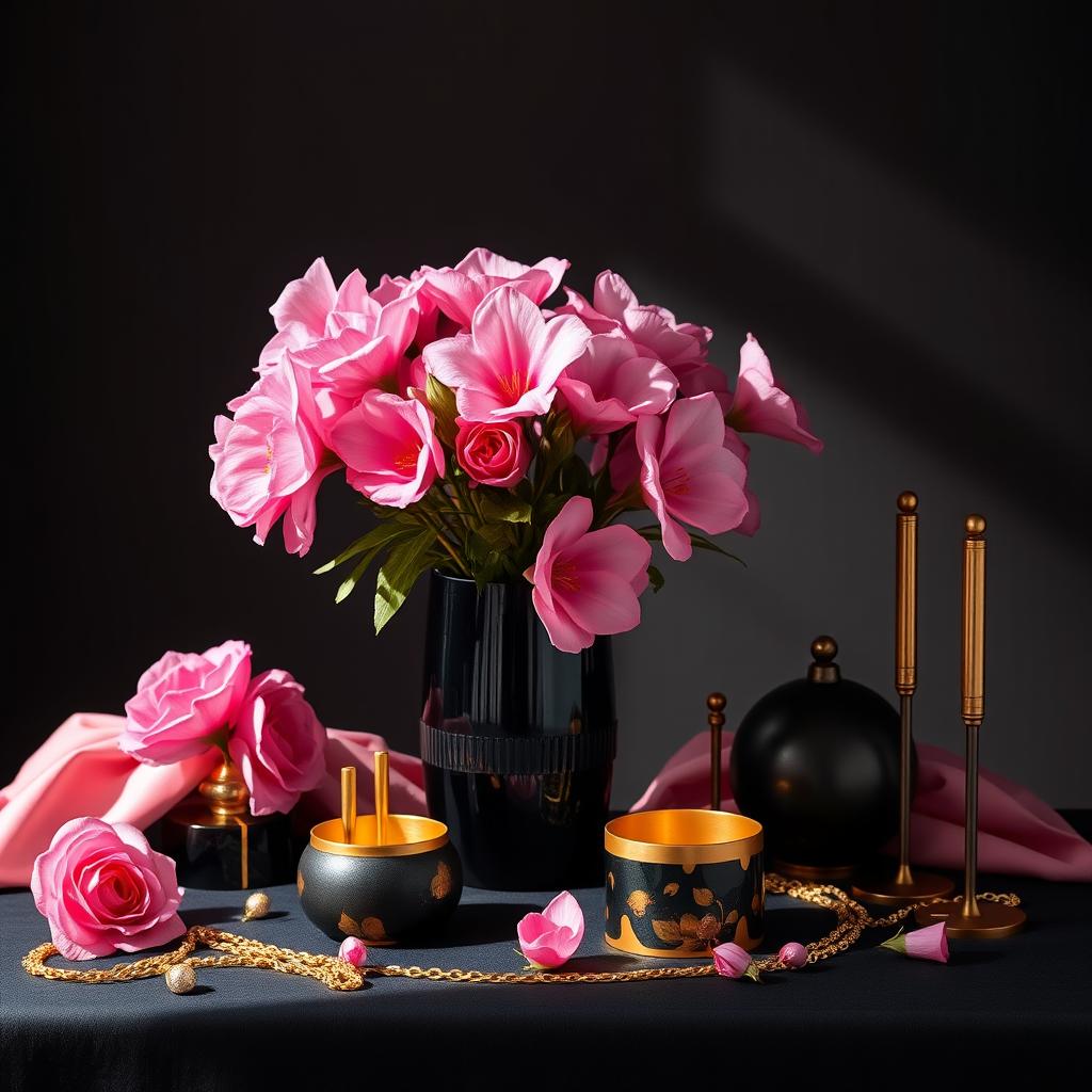 A stunning and luxurious still life composition featuring a combination of pink, gold, and black elements