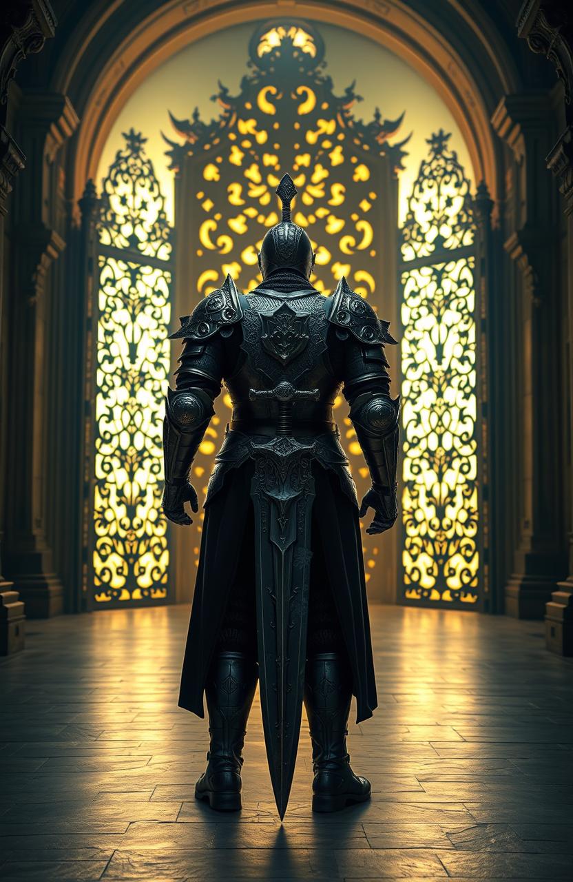 A majestic knight standing with his back to us, holding a large sword, featuring intricate armor details