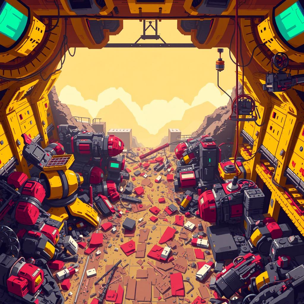 A futuristic mining warehouse in a state of destruction, viewed from the top, created in vibrant pixel art style