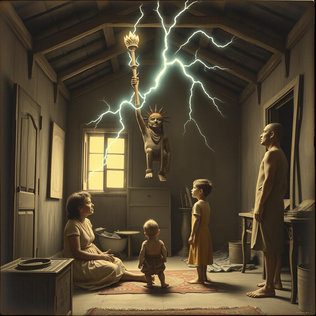 Inside a poor house in Brazil, in the year 1910, an indigenous Brazilian deity hovers in the air, holding a scepter that emits lightning bolts
