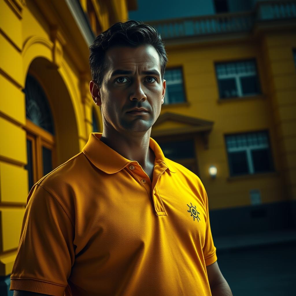 A hyper-realistic portrayal of a man wearing a yellow polo shirt featuring a sun logo, standing confidently in front of a striking yellow building