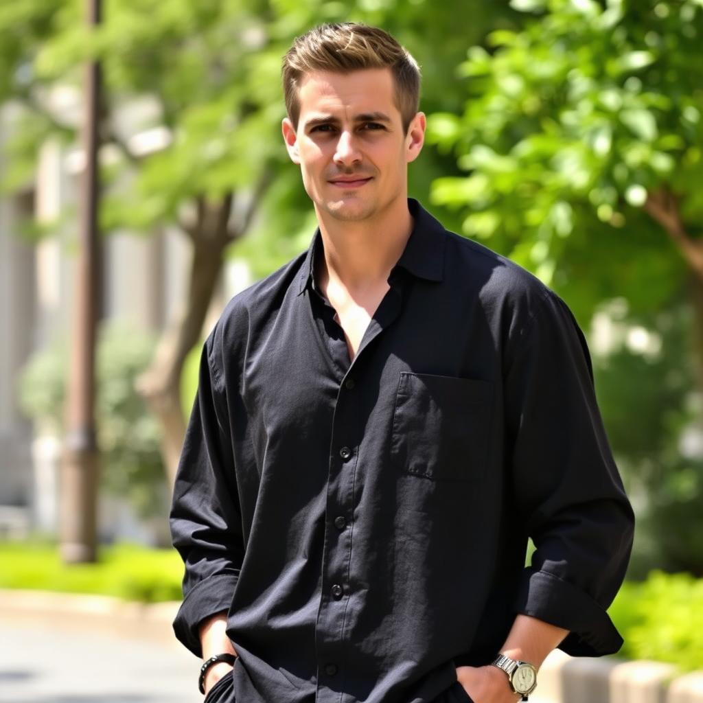 A stylish man dressed in elegant black linen clothes, standing confidently with his hands in his pockets