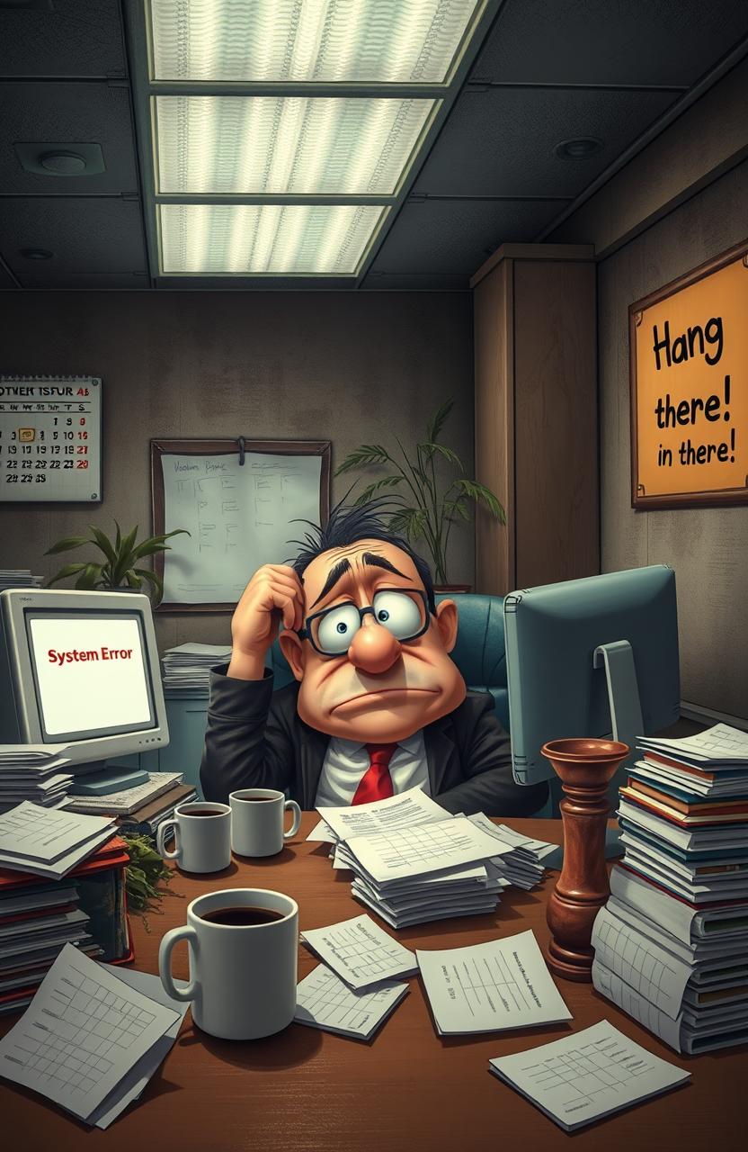 A whimsical, exaggerated scene depicting a frustrated office worker sitting at a cluttered desk, surrounded by papers, coffee cups, and a computer with a 'System Error' message