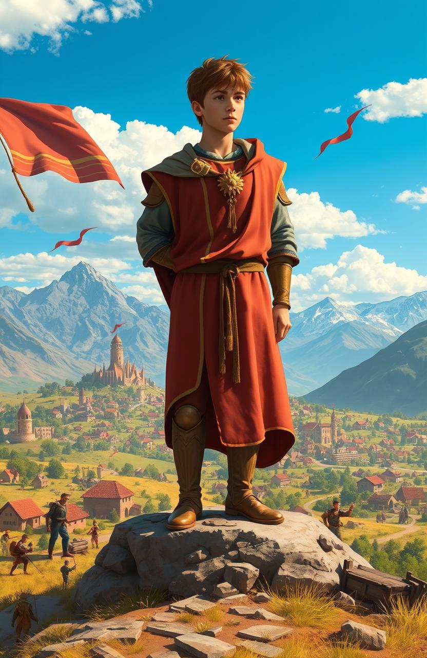 A young king standing on a hilltop, gazing over a sprawling kingdom being rebuilt after a great battle