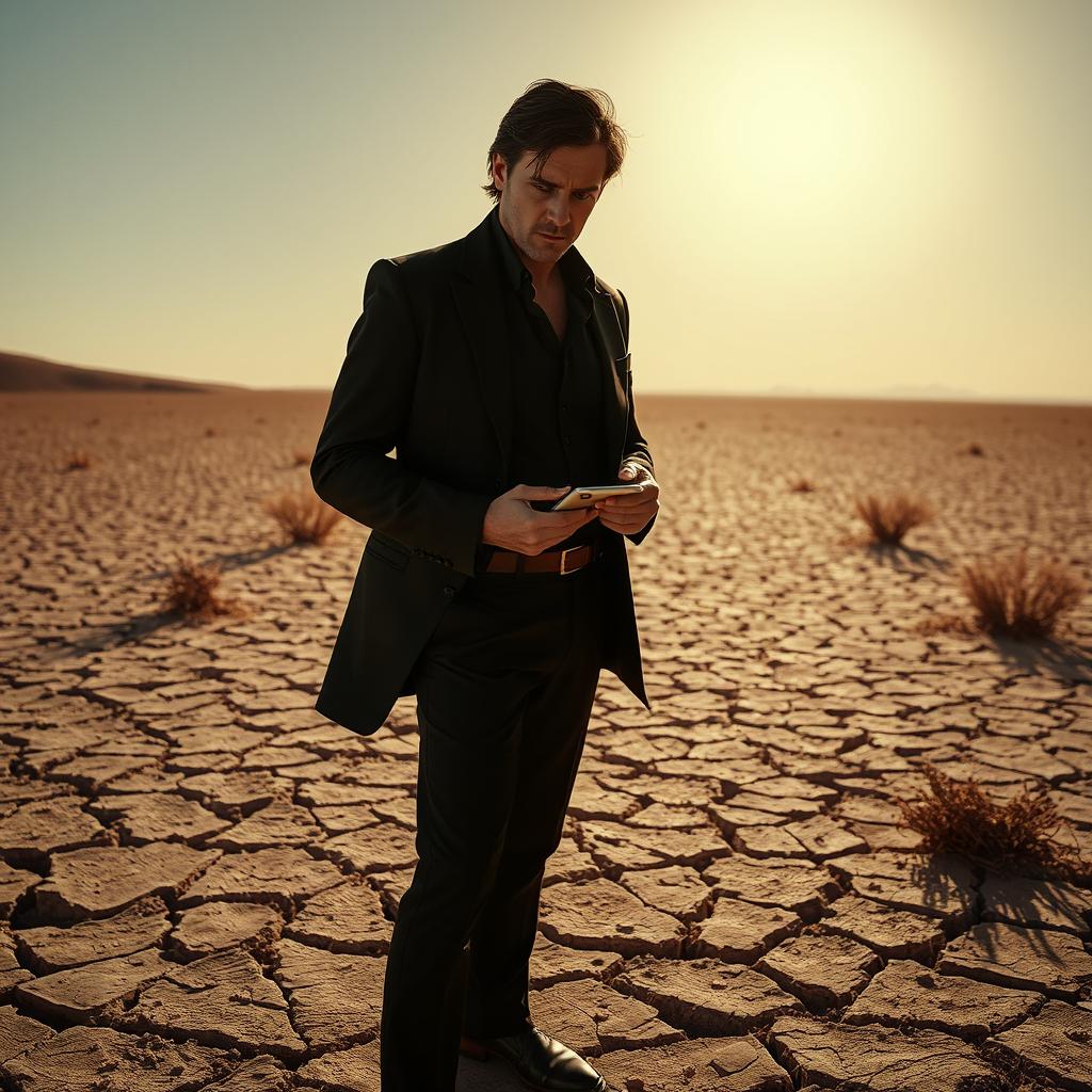 A scene inspired by the movie "El Mar Seco" featuring a mysterious individual dressed in a stylish outfit, standing in a dry, desolate desert landscape