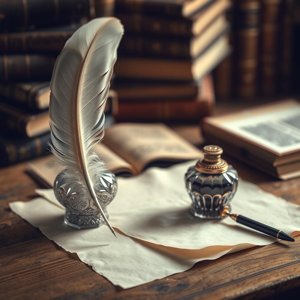 A beautiful vintage scene featuring an elegant feather quill pen and an ornate inkwell on a wooden desk
