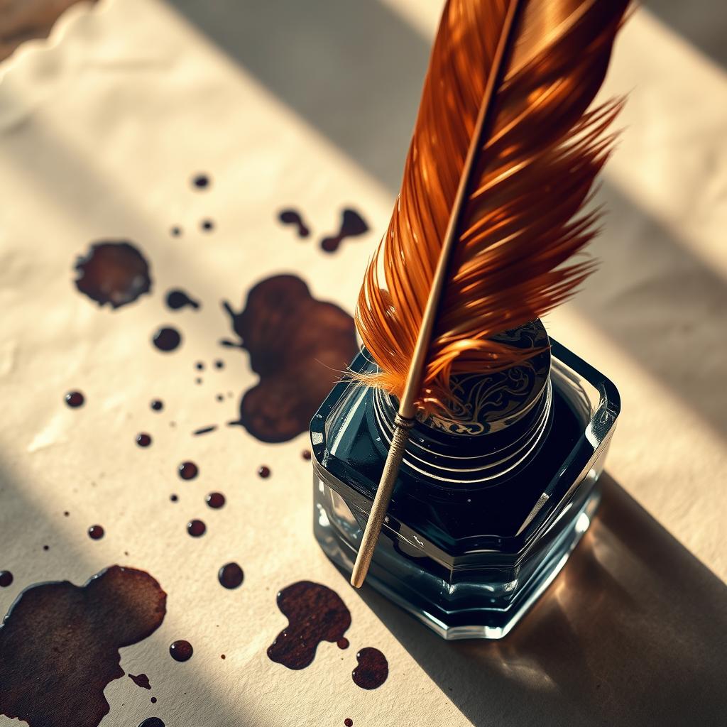 An elegant quill inserted into a classic inkwell, surrounded by beautiful ink splatters on antique parchment