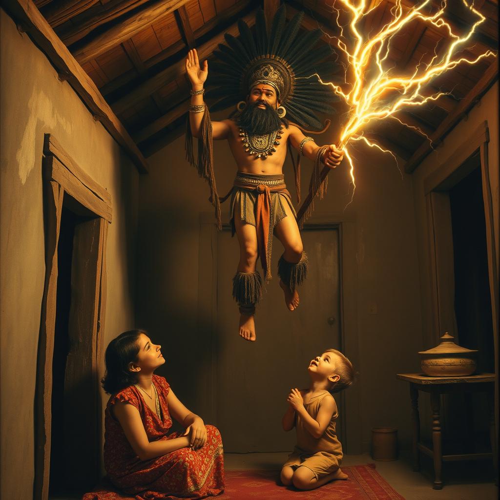At the beginning of the 20th century, inside a humble dwelling, a majestic indigenous deity is suspended in the air, gripping a staff that emits vivid lightning bolts