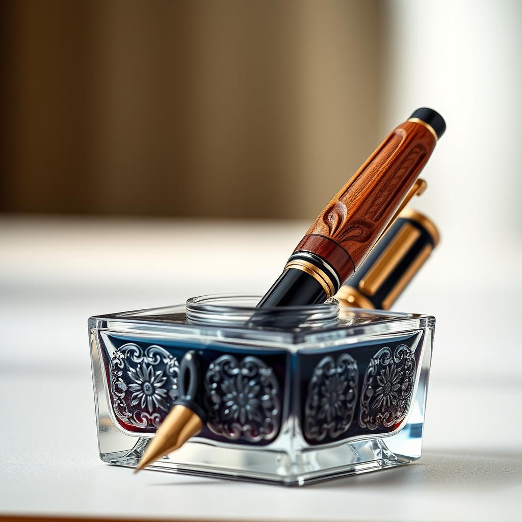 A front view of a beautifully crafted pen sitting inside an elegant inkwell
