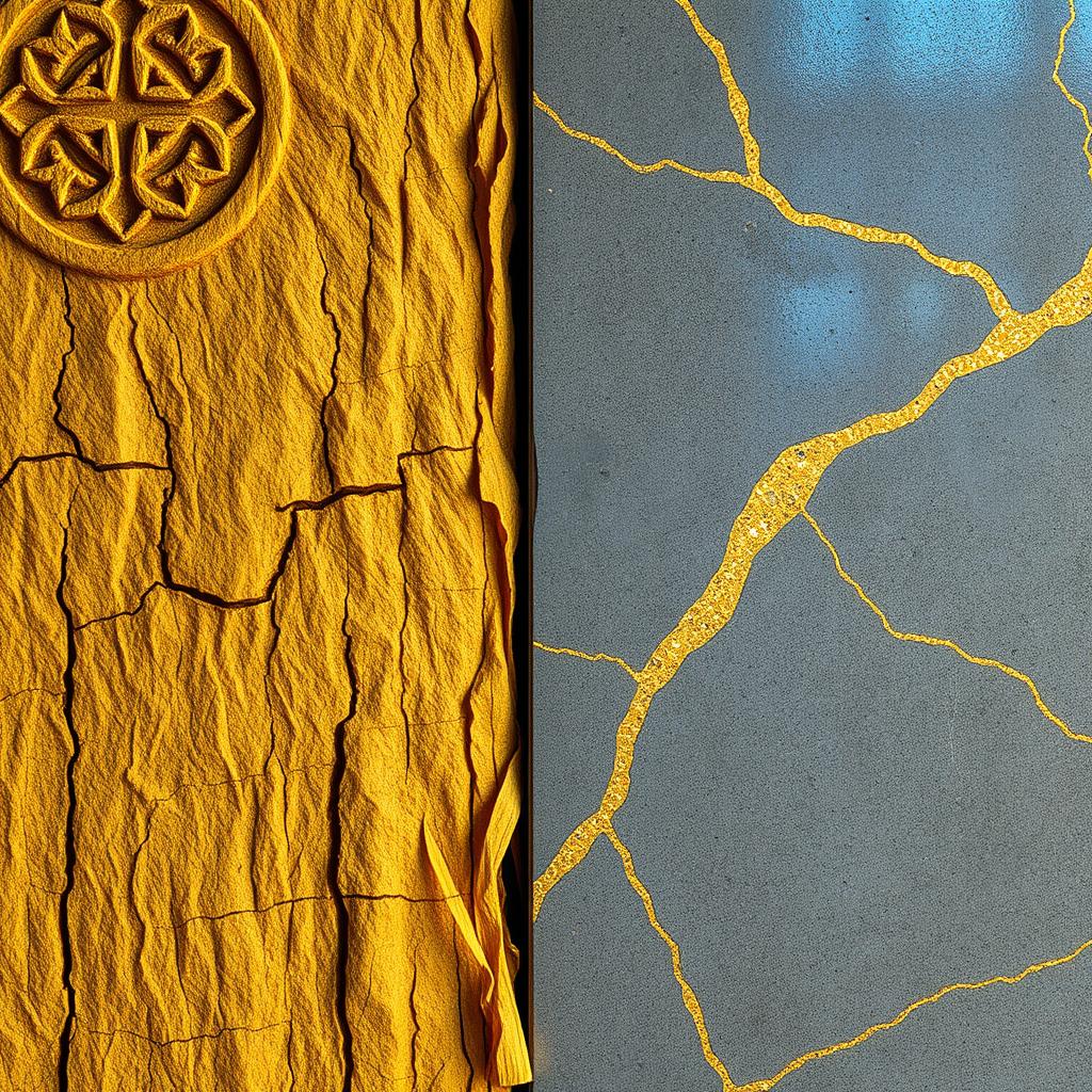 A horizontal close-up composition in a 16:9 aspect ratio, skillfully showcasing two contrasting materials in a hyperrealistic style