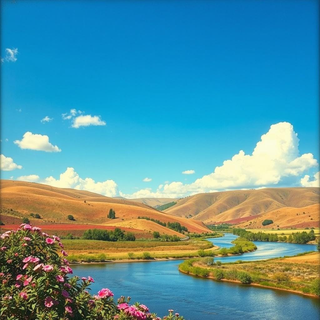 A beautifully restored vintage photograph featuring a scenic landscape, with vibrant colors and clear details