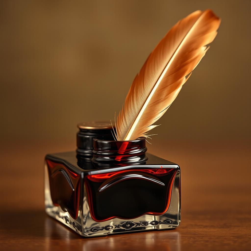 An antique ink well with a vintage feather quill elegantly placed inside it