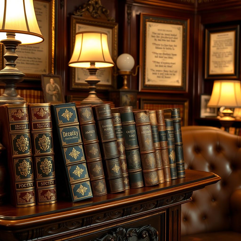 A beautifully arranged collection of ancient poetry books displayed on an ornate wooden bookshelf
