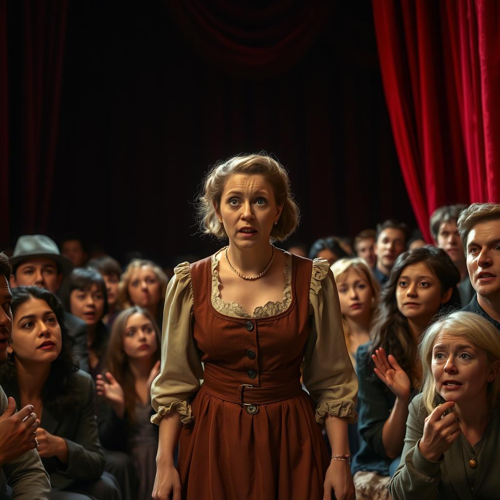 An actress named Linda entering a theater stage with a look of fear on her face, while the audience watches in shock