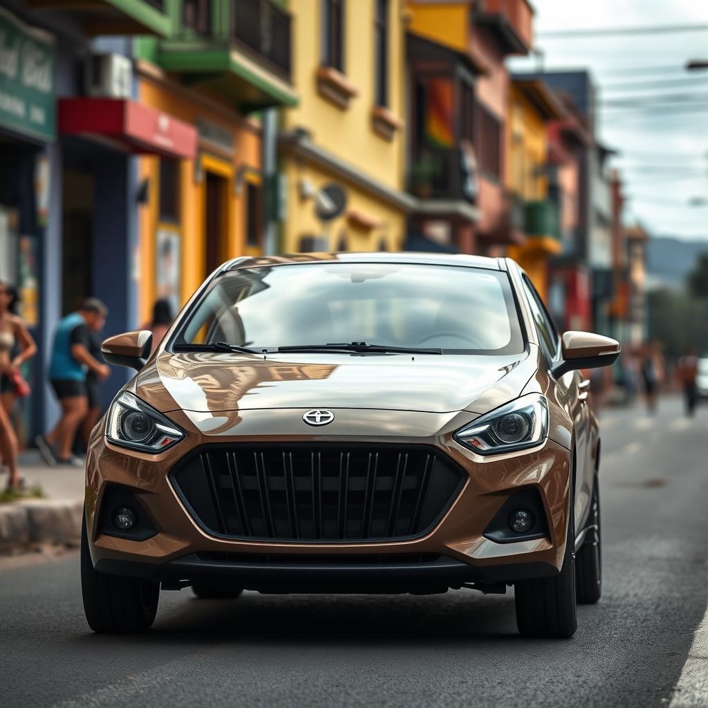 A cheap, compact car that is aerodynamic and lightweight, featuring simple LED headlights and a minimalist grille design
