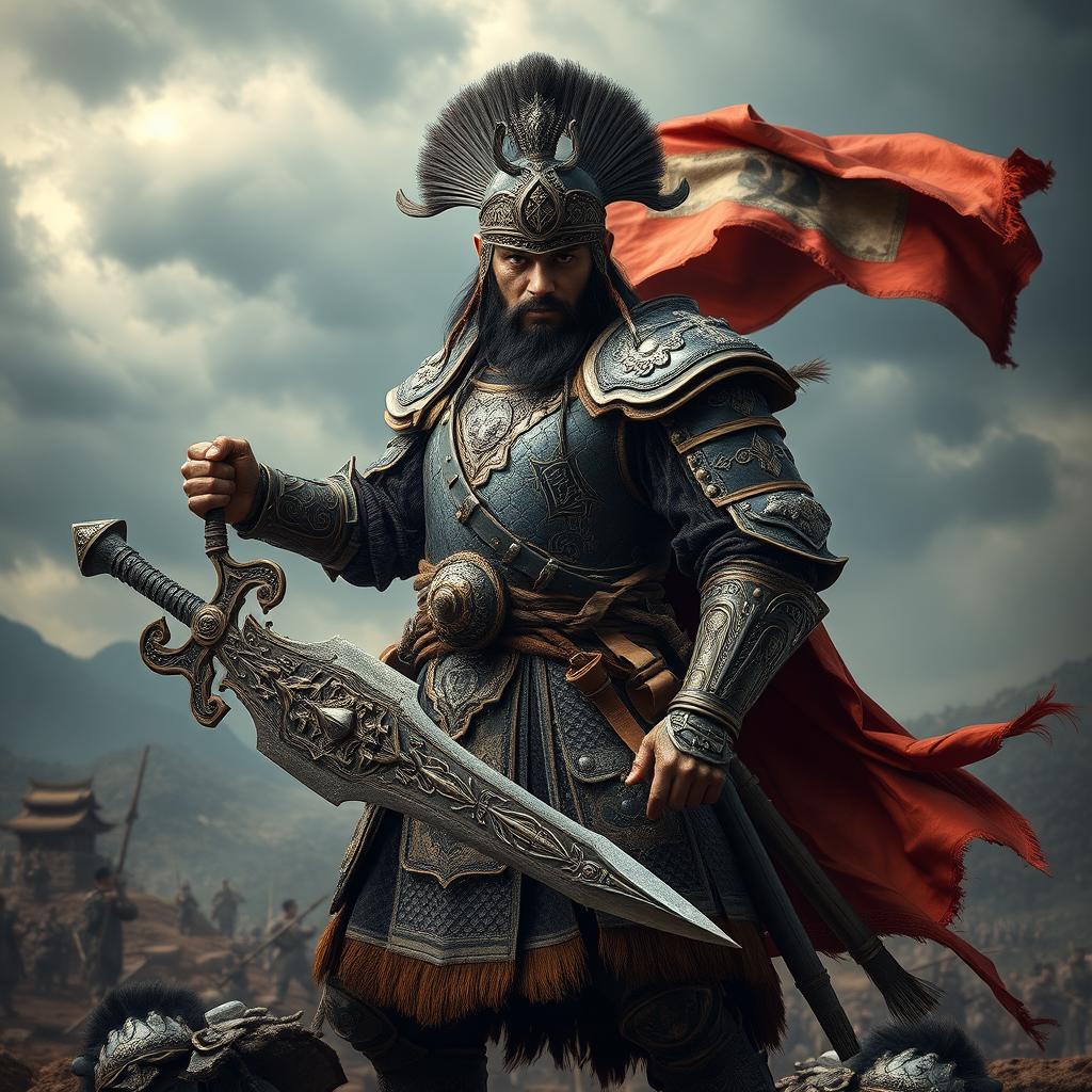 A fierce and powerful portrayal of a traditional warrior, embodying the spirit of a hero who defends their land