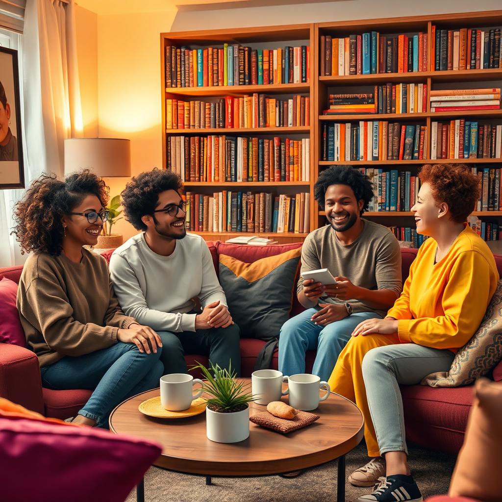 A cozy and inviting chat room scene featuring a group of diverse friends gathered around, enjoying each other's company