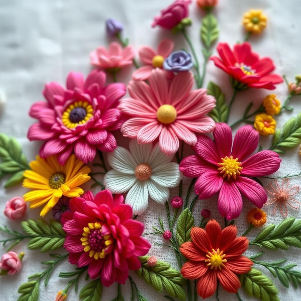 A beautiful arrangement of embroidered flowers in various vivid colors, showcasing intricate detailing and textures