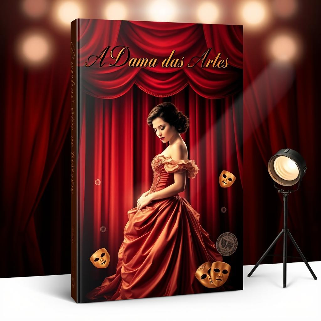 A book cover design for a novel titled 'A Dama das Artes' featuring a dramatic and elegant portrayal of a glamorous actress