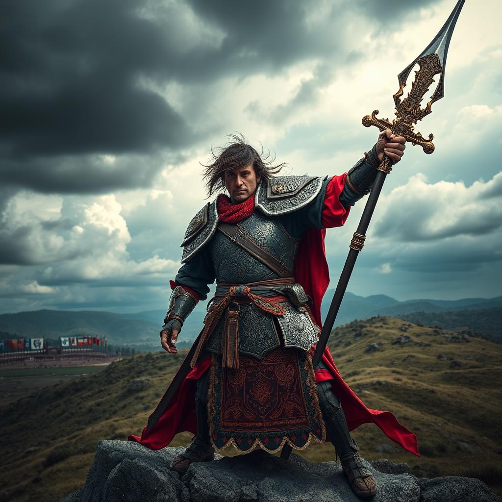 A striking image of a bold and defiant warrior, representing a traditional hero known for loyalty and bravery