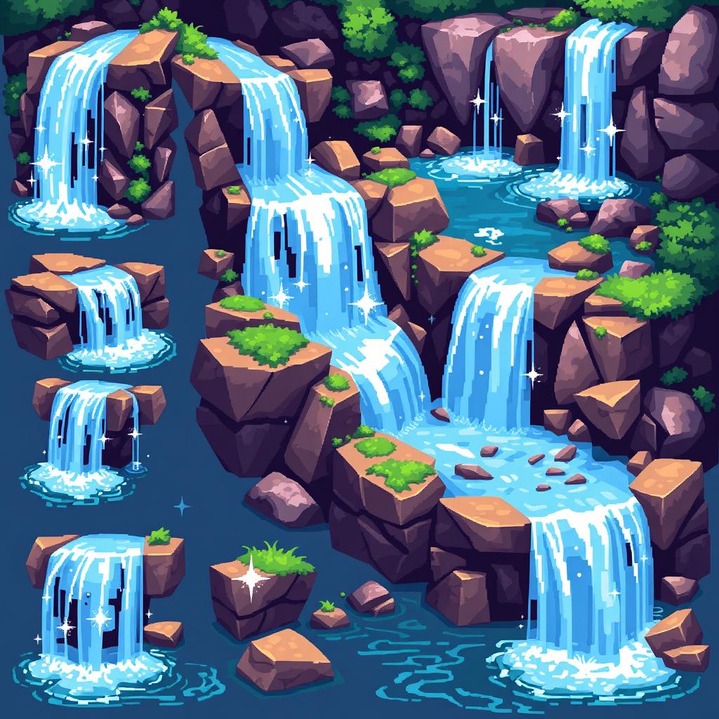 A pixel art spritesheet featuring a beautiful waterfall cascading over rocks, with various animated frames showcasing water movement and sparkling effects