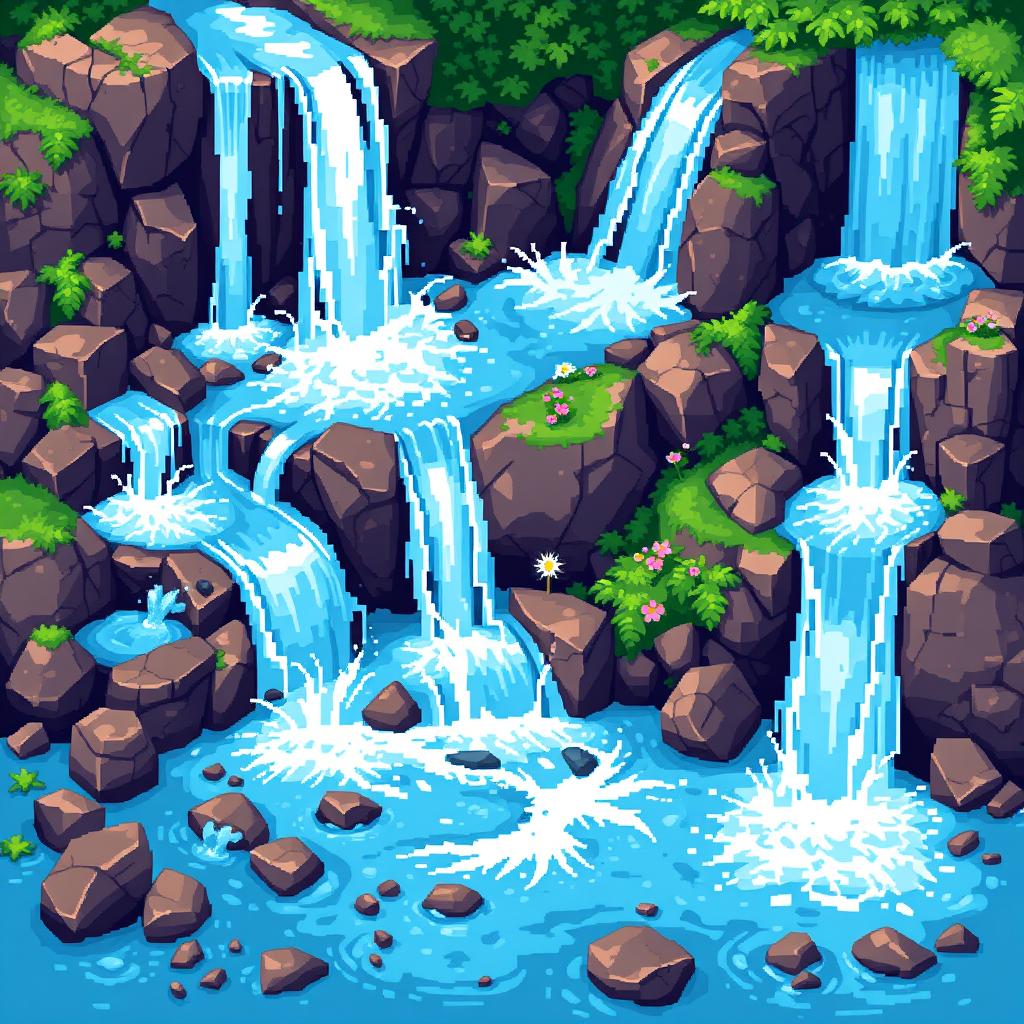 A detailed pixel art spritesheet showcasing a beautiful waterfall cascading over rocks