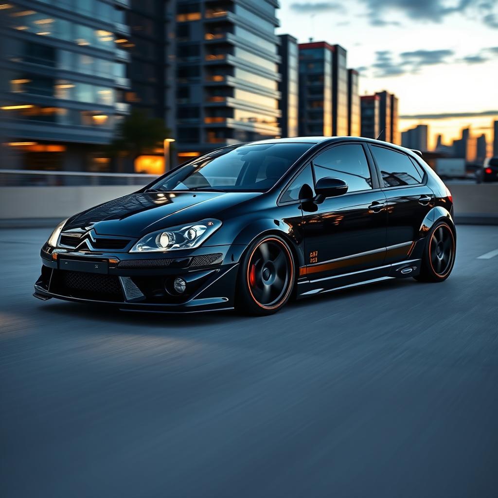 A custom tuned Citroen C4 from the year 2004, featuring sleek black racing stripes along the sides