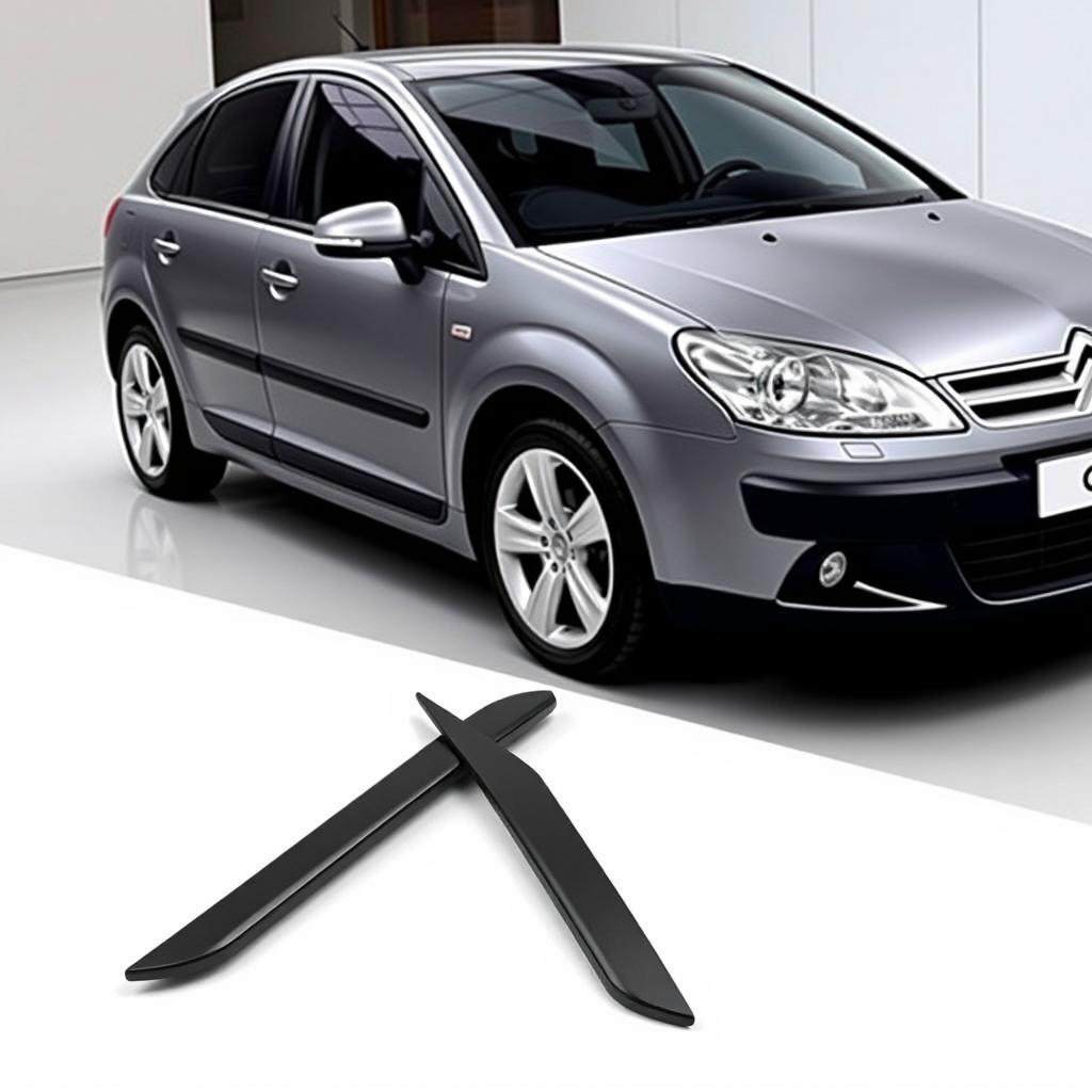 A Citroen C4 from the year 2004, featuring prominent black lines that accentuate its sleek design