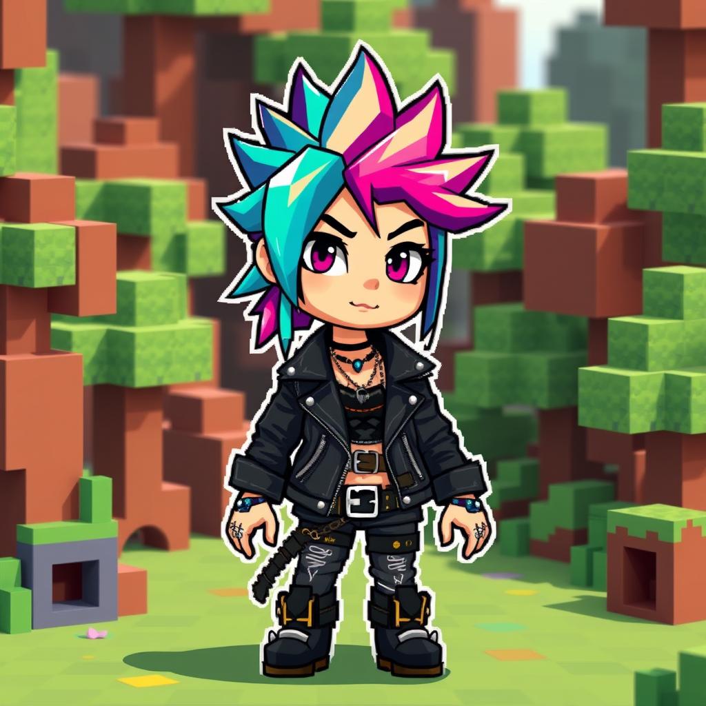 A highly stylized pixel art character of a punk girl in a Minecraft-inspired design